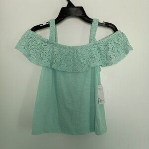 SO girls seafoam aqua green cold shoulder crochet top size L